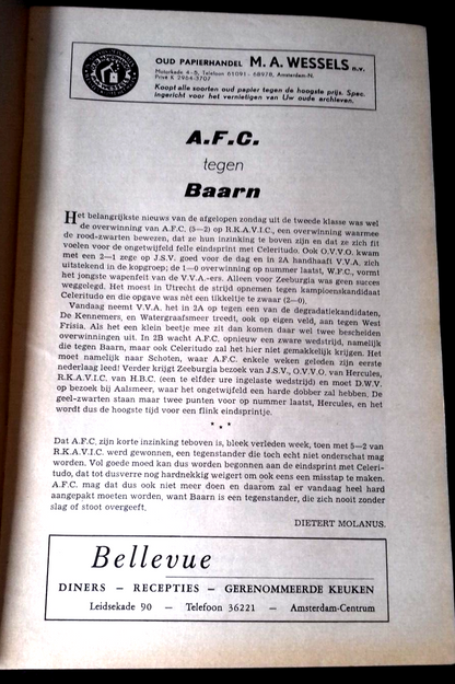 A.F.C. v Baarn Used Vintage Programme West 1 Tweede Klasse B Amateur Netherlands 16th April 1961.