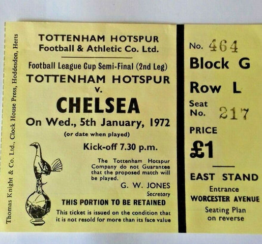 Tottenham Hotspur v Chelsea Used  Match Ticket League Cup S/Final 2nd.Leg 5/1/72 White Hart Lane