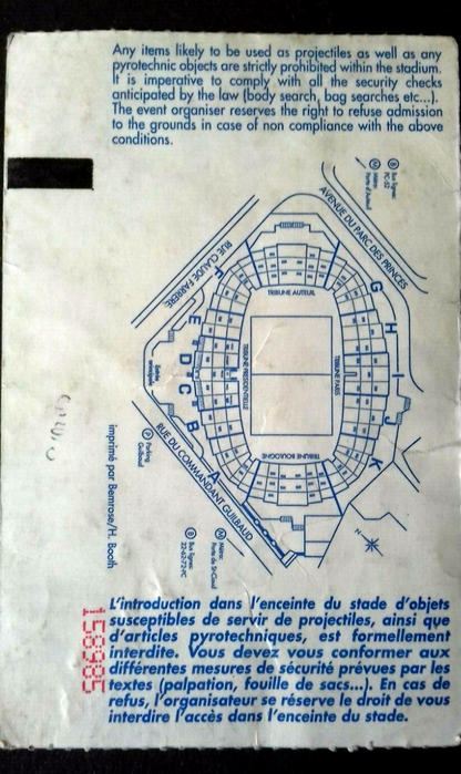 Arsenal v Real Zaragoza UEFA Cup Final Used Ticket 10/5/1995. Parc Des Princes Paris