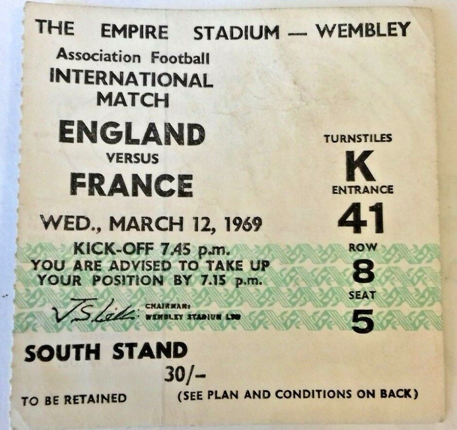 England v France Int. Football Match Ticket Wednesday March 12 1969 Wembley.