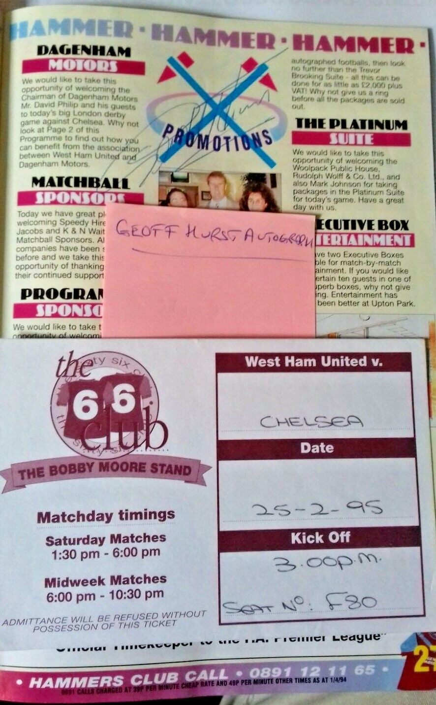 West Ham Utd v Chelsea Programme Autographed by Geoff Hurst 25/2/95 Upton Park.