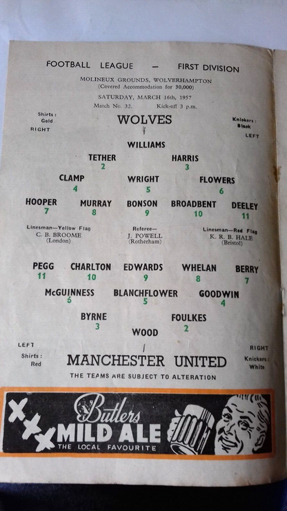 Wolves V Manchester Utd Lge. Div. 1 Match Programme 16/3/1957 United Championship  Season.