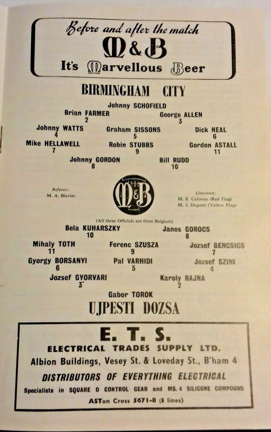 Birmingham City v Ujpesti Dozsa I.C.F.C.1st Rnd 1st Leg 19/10/1960 St. Andrews.