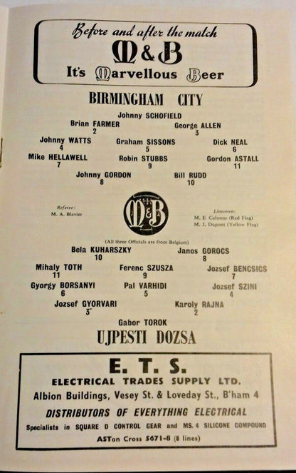 Birmingham City v Ujpesti Dozsa I.C.F.C.1st Rnd 1st Leg 19/10/1960 St. Andrews.