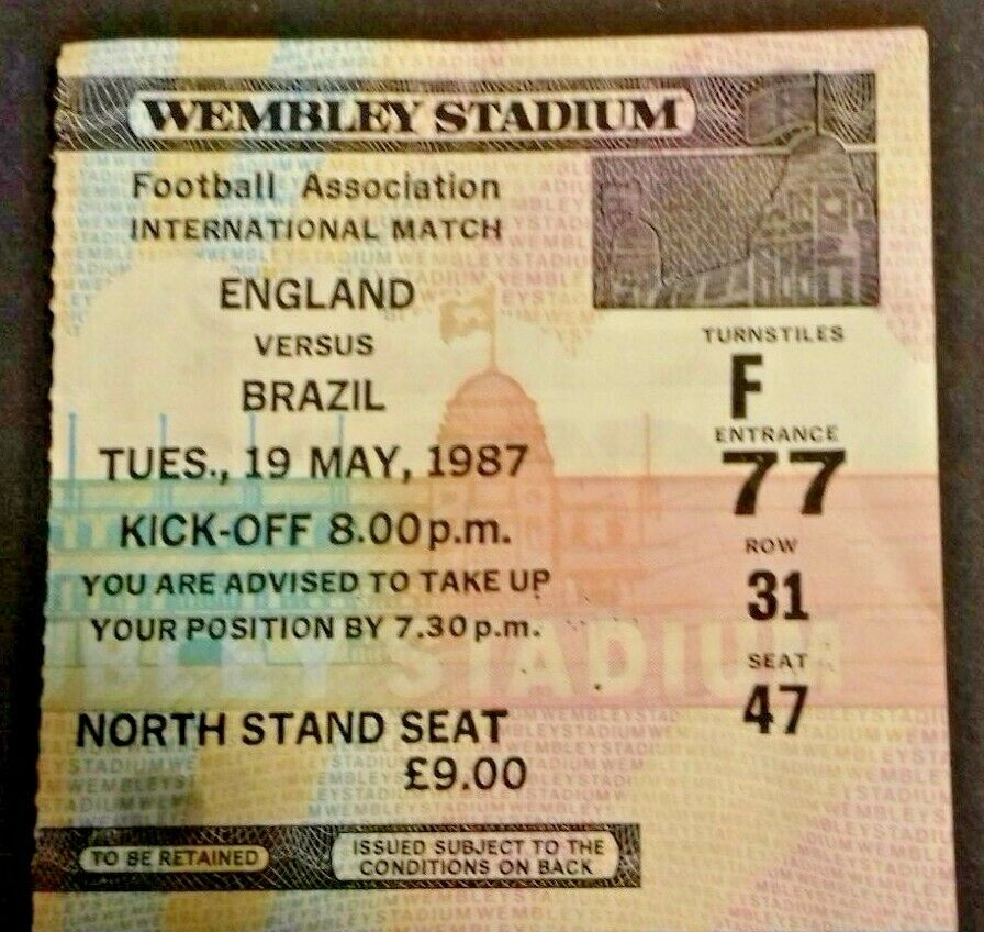 England v Brazil Rous Cup Match Ticket Tuesday 19th May1987 Wembley Stadium.