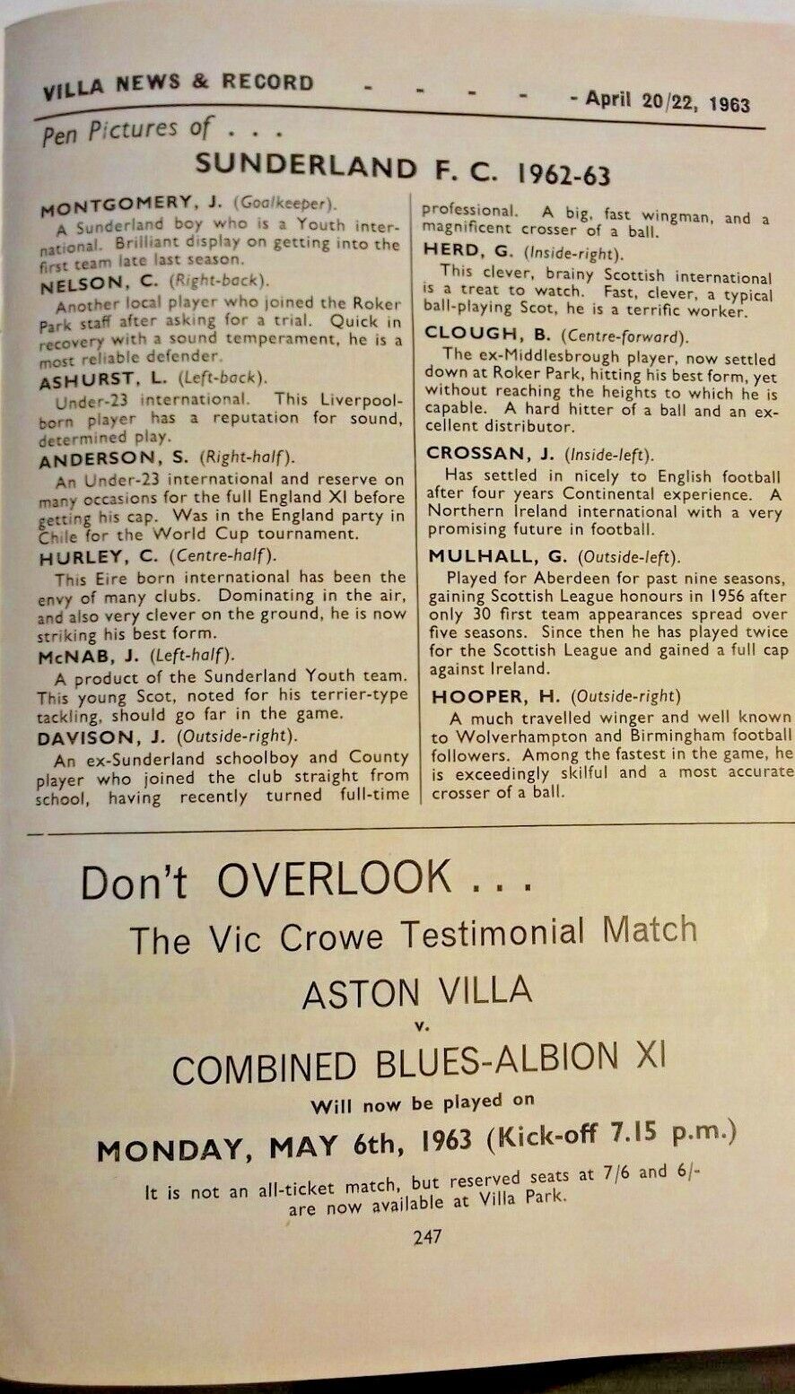 Aston Villa v Sunderland Football League Cup Semi -Final 2nd Leg Used Programme 22/4/1963.