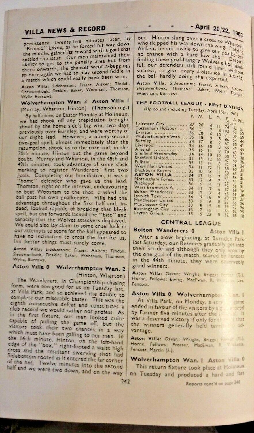 Aston Villa v Sunderland Football League Cup Semi -Final 2nd Leg Used Programme 22/4/1963.