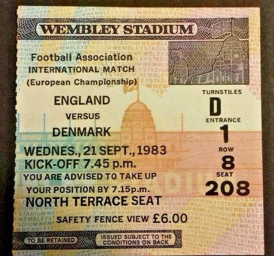 England v Denmark European Champ. Football Match Ticket Wednesday 21/9/1983 Wembley