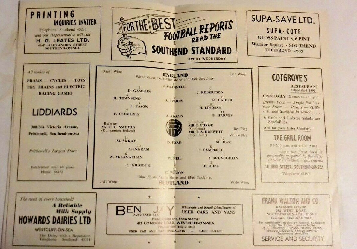 England v Scotland Match Programme Amateur International 25/3/1966 Roots Hall.