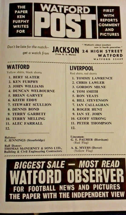 Watford v Liverpool Programme + Match Ticket F.A. Cup 3rd Round 28/1/1967.