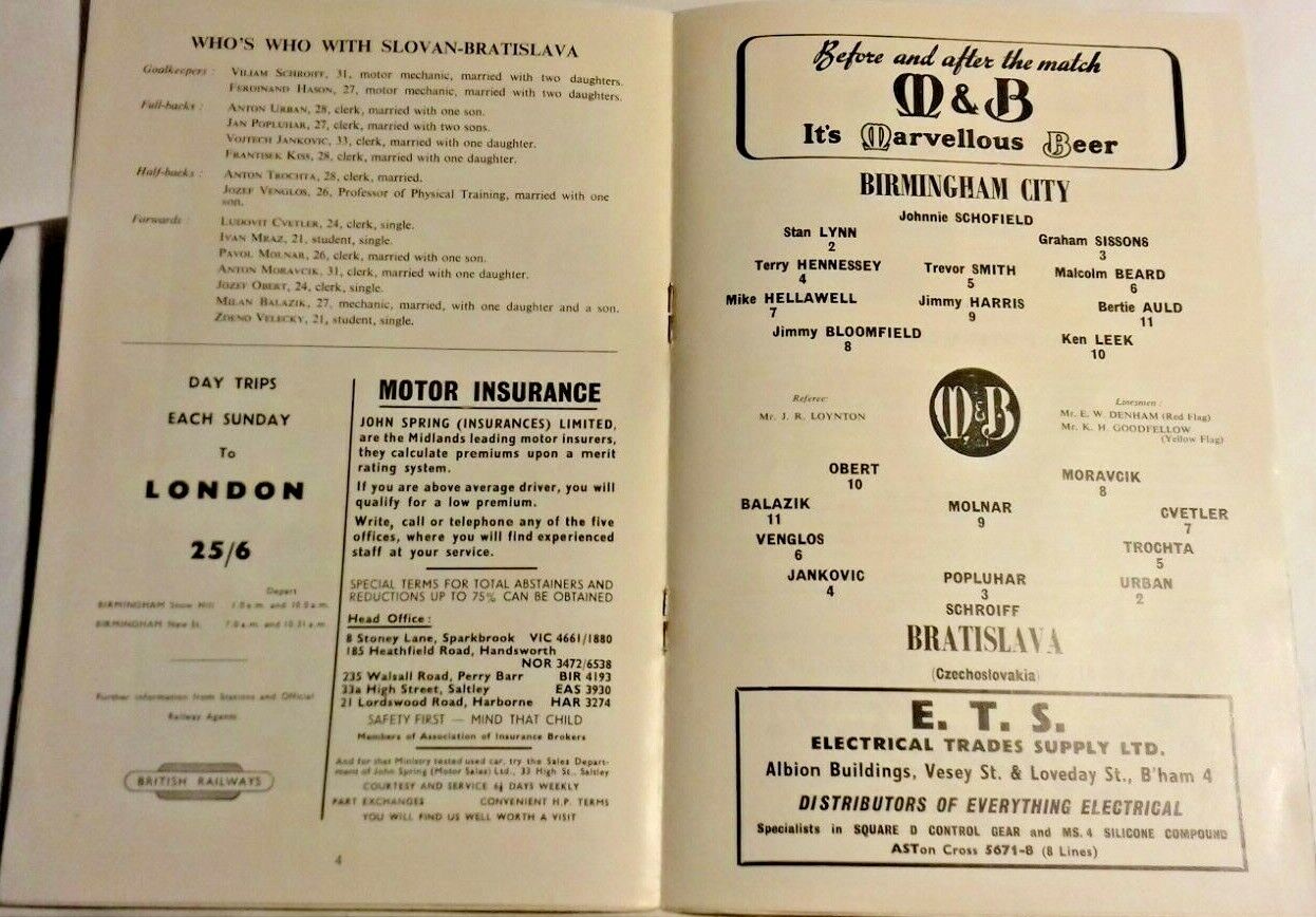 Birmingham City v Bratislava Programme Floodlit Friendly 26/1/1962 St Andrews.