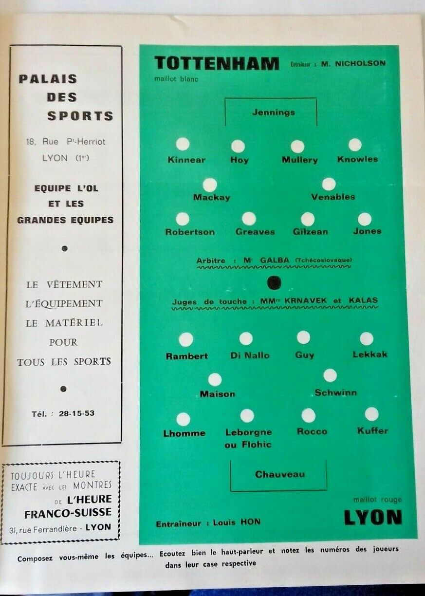 Olympic Lyonnais v Tottenham Hotspur Used  Programme European Cup Winners Cup 2nd Rnd.1st Leg 29/11/67