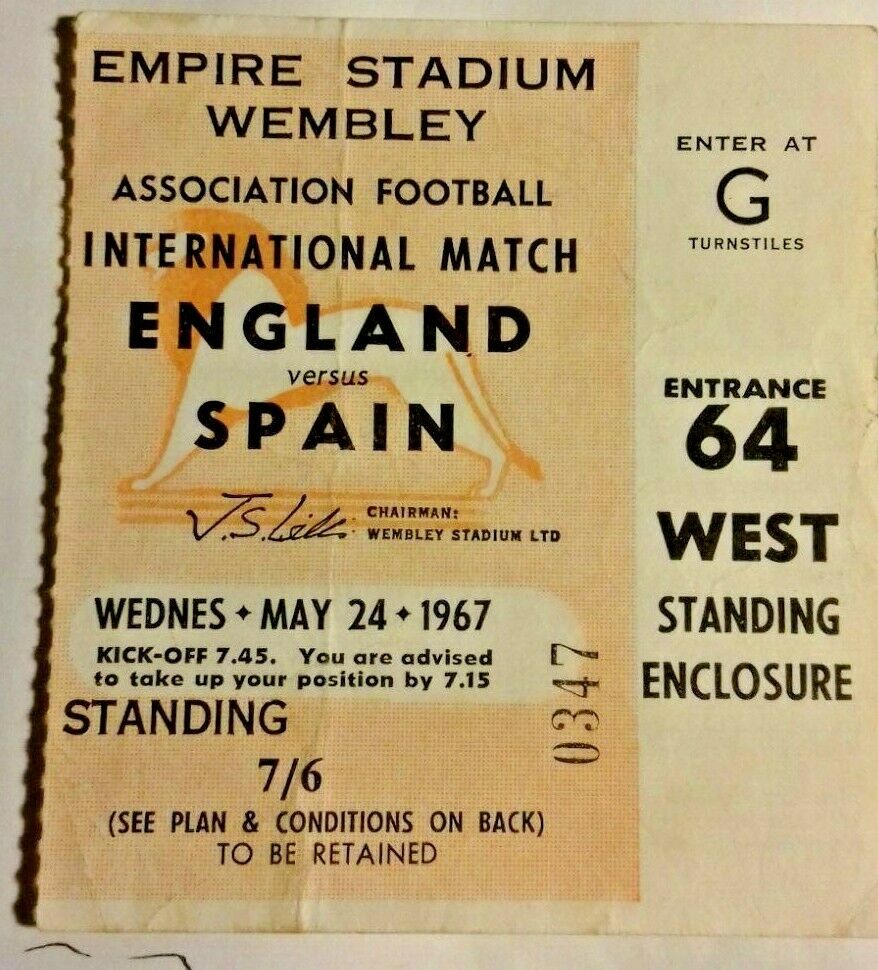 England v Spain International Football Match Ticket Wednesday 24th May 1967 Wembley.