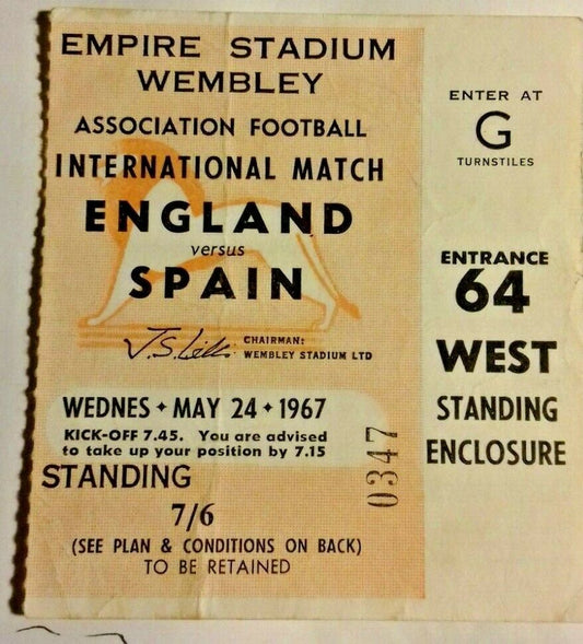 England v Spain International Football Match Ticket Wednesday 24th May 1967 Wembley.