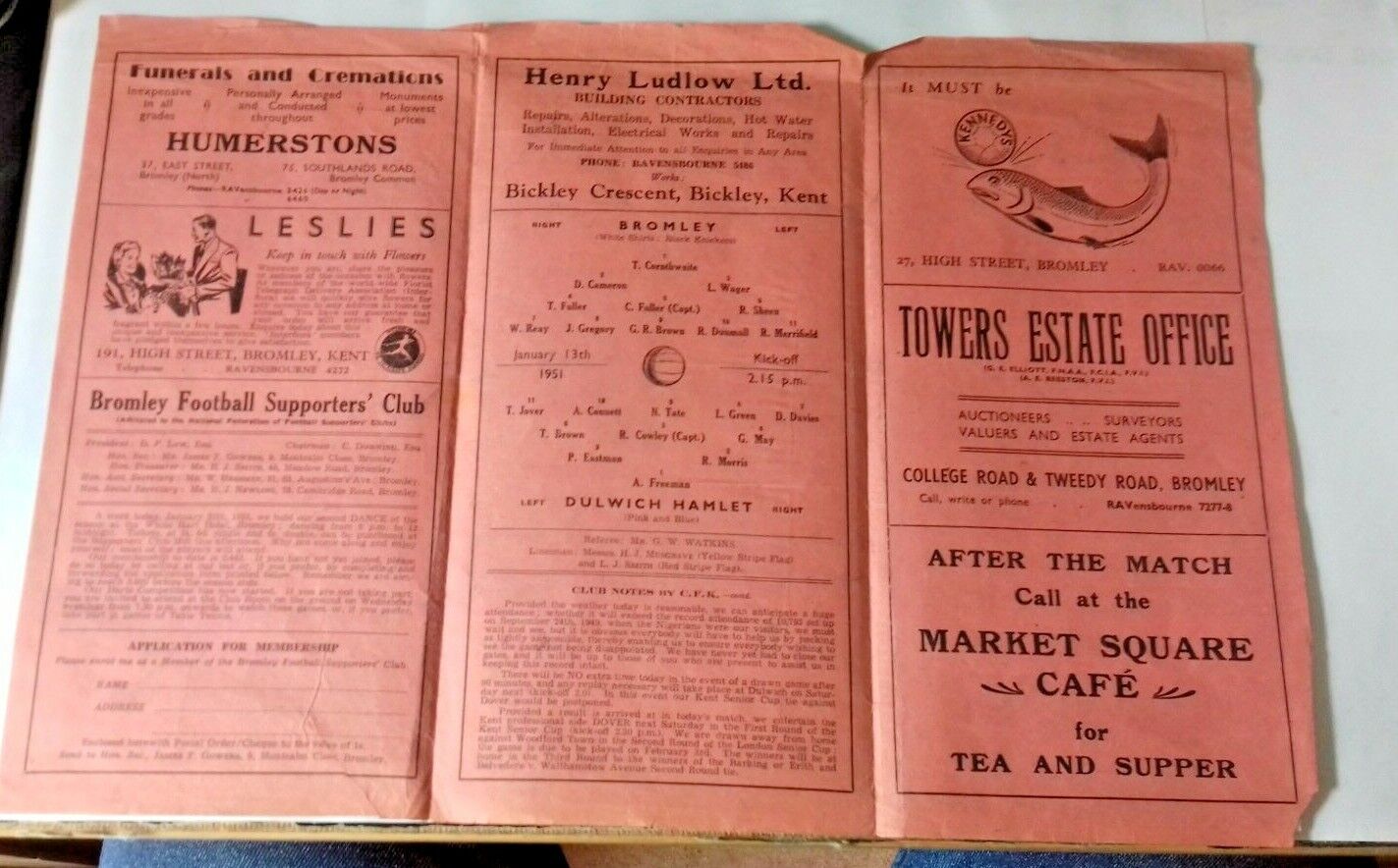 Bromley v Dulwich Hamlet F.A. Amateur Cup 1st Round Football Match Programme 13th January 1951.