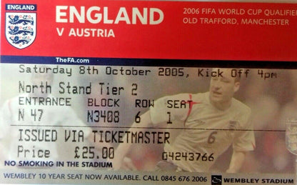 England v Austria 2006 World Cup Qualifier Vintage Used Ticket Saturday 8/10/ 2005 Old Trafford.