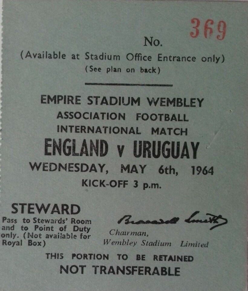 England v Uruguay Wednesday 6th May 1964 Programme & Stewards Ticket