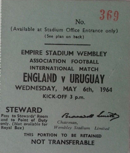 England v Uruguay Wednesday 6th May 1964 Programme & Stewards Ticket