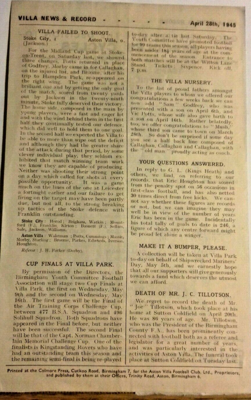 Aston Villa v Stoke City Football League North & Midland Cup 1st Round Used Programme 28/4/45