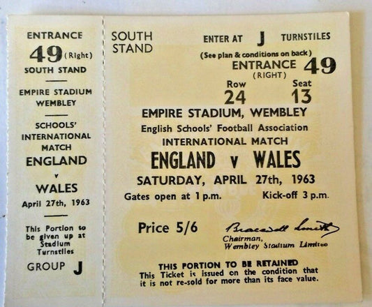 England v Wales English Schools Int. Football Match Ticket With Counterfoil 27/4/63