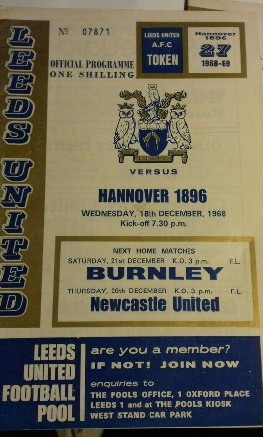 Leeds Utd v Hannover 1896 Inter Cities Fairs Cup 3rd Round 1st Leg Used Match Programme 18/12/68 Elland Rd.