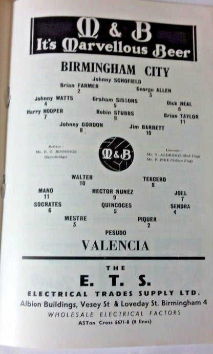 Birmingham City v Valencia Programme Floodlit Friendly 14th Oct.1959 St. Andrews