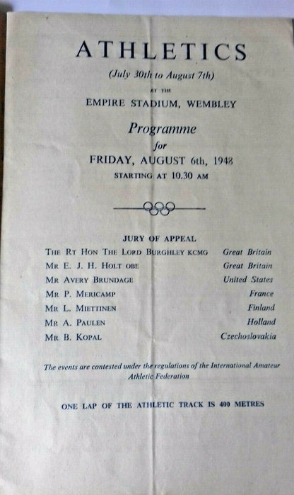 Olympic Games Ticket And Programme Of Events Athletics August 6th 1948 Wembley.