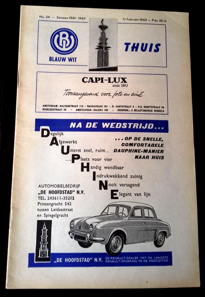 Blau Wit v P.S.V. Eindhoven Football Match Programme Eredivisie 11th February 1962.