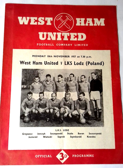 West Ham Utd v LKS Lodz (Poland) Used Programme Friendly 18th November 1955.