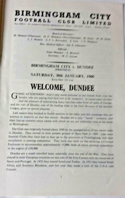 Birmingham City v Dundee Friendly Match Saturday 30th January 1960 St. Andrews.