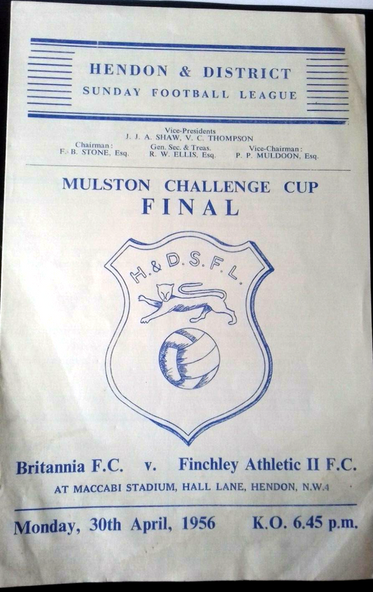 Britannia F.C. v Finchley Athletic II Mulston Challenge Cup Final Mon. 30/4/1956