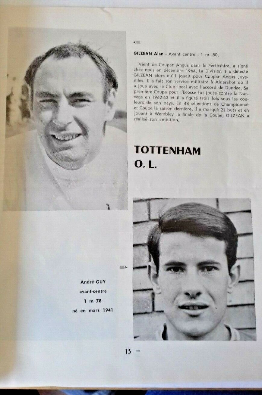 Olympic Lyonnais v Tottenham Hotspur Used  Programme European Cup Winners Cup 2nd Rnd.1st Leg 29/11/67