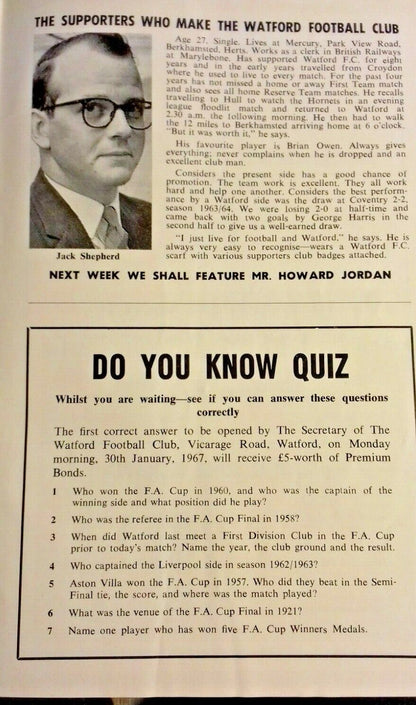 Watford v Liverpool Programme + Match Ticket F.A. Cup 3rd Round 28/1/1967.