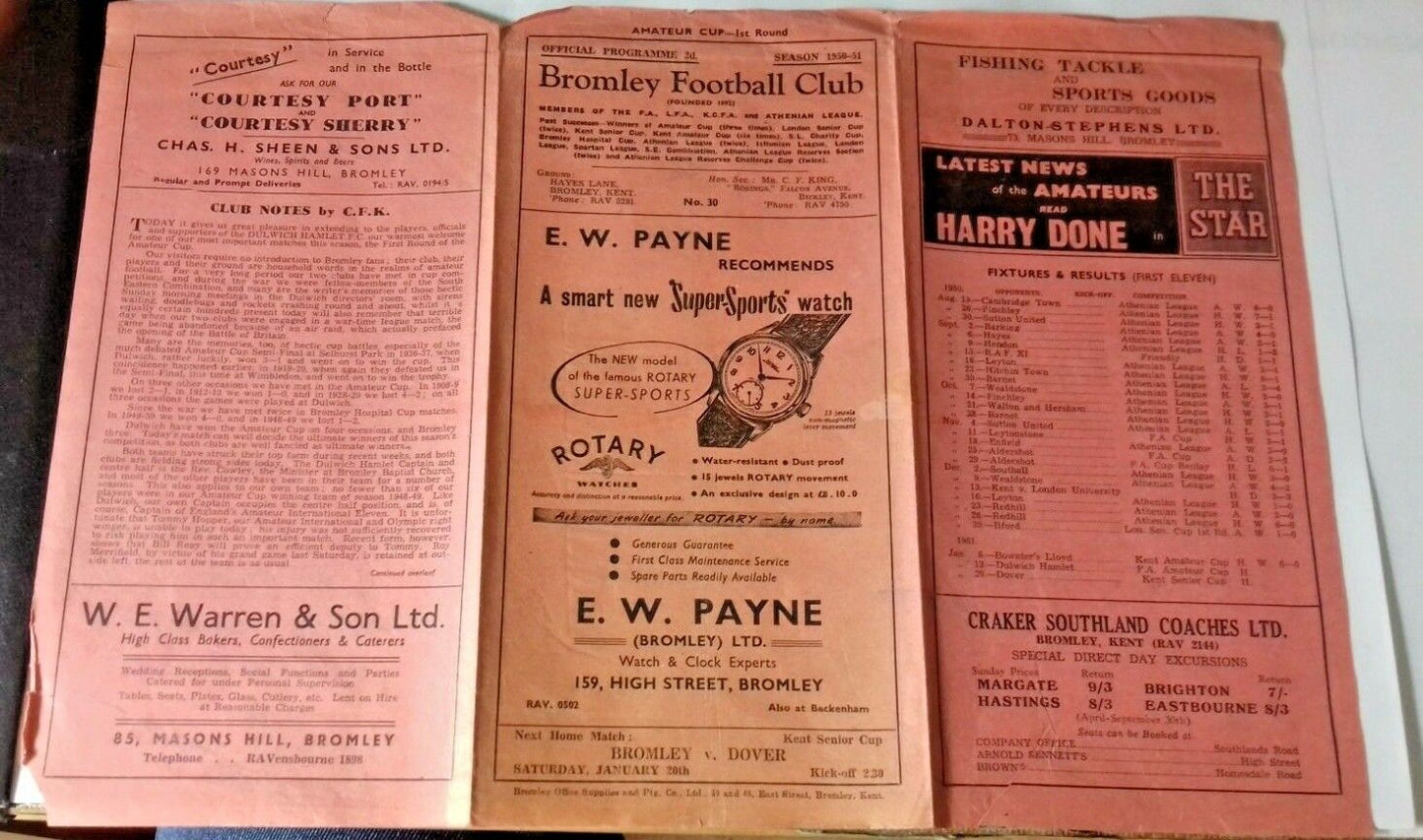 Bromley v Dulwich Hamlet F.A. Amateur Cup 1st Round Football Match Programme 13th January 1951.