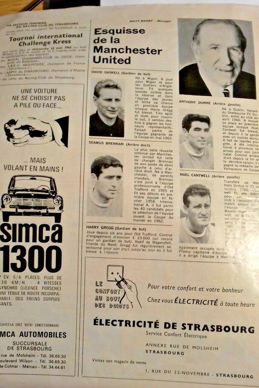 Racing Club Strasbourg v Manchester Utd  I.C.F.C Quarter Final 1st Leg 12/5/1965