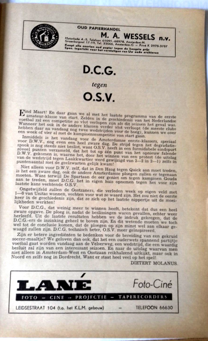 D.C.G. v O.S.V. Football Match Programme Eerste Klass A  Amateur 27th March 1960.