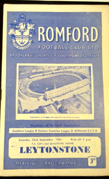 Romford v Leytonstone Match Programme F.A. Cup 2nd Qualifying Round 23/9/1961.