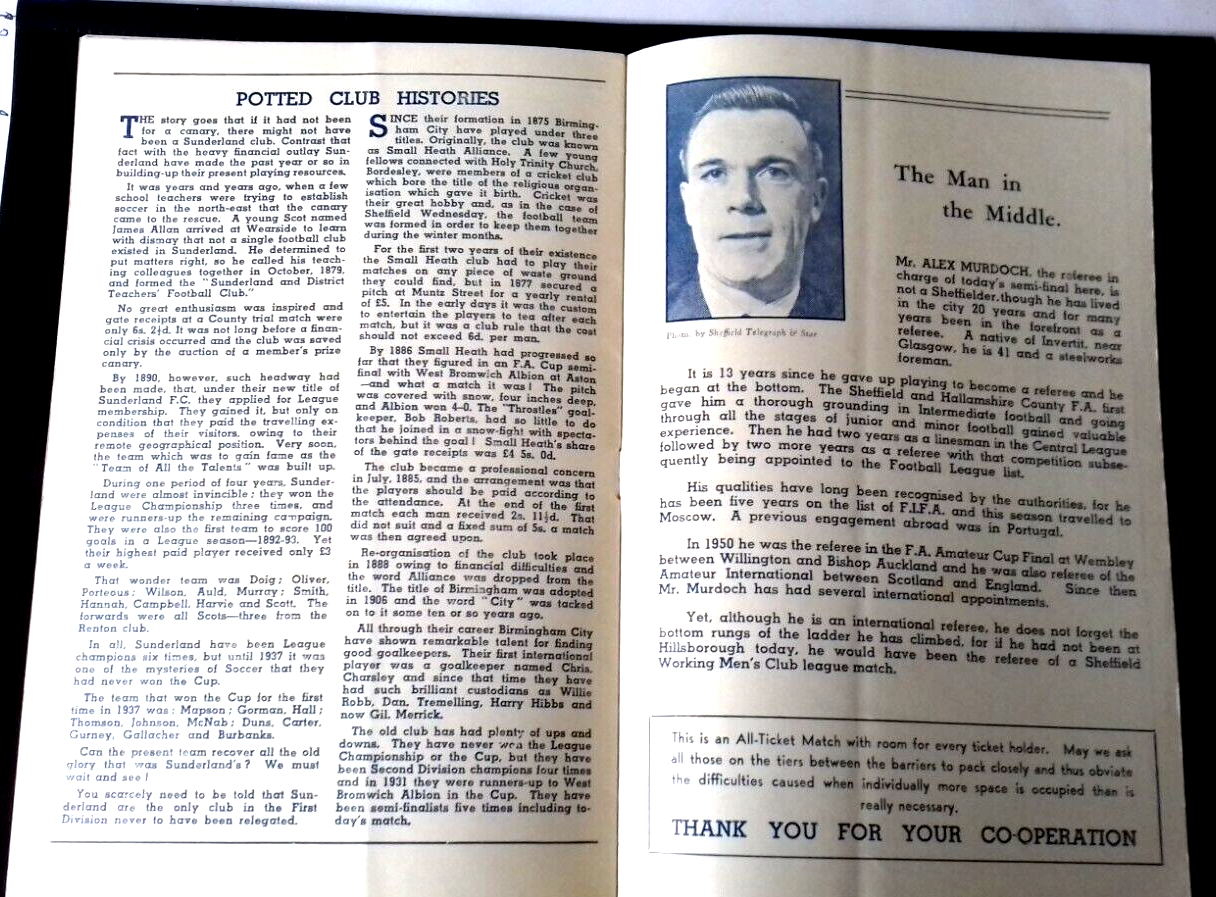 Sunderland v Birmingham City F.A. Cup Semi-Final Football Match Programme 17/3/1956 at Hillsborough