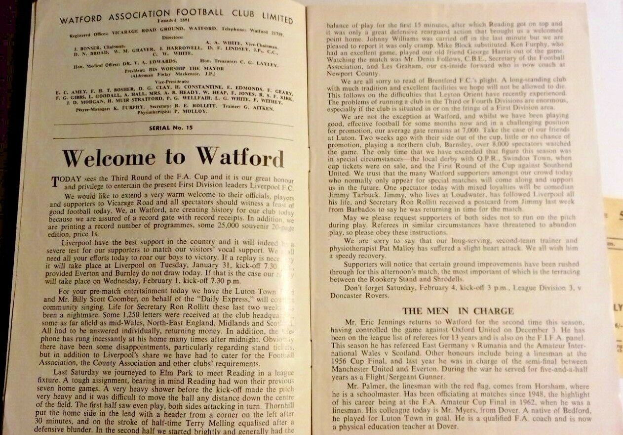 Watford v Liverpool Programme + Match Ticket F.A. Cup 3rd Round 28/1/1967.