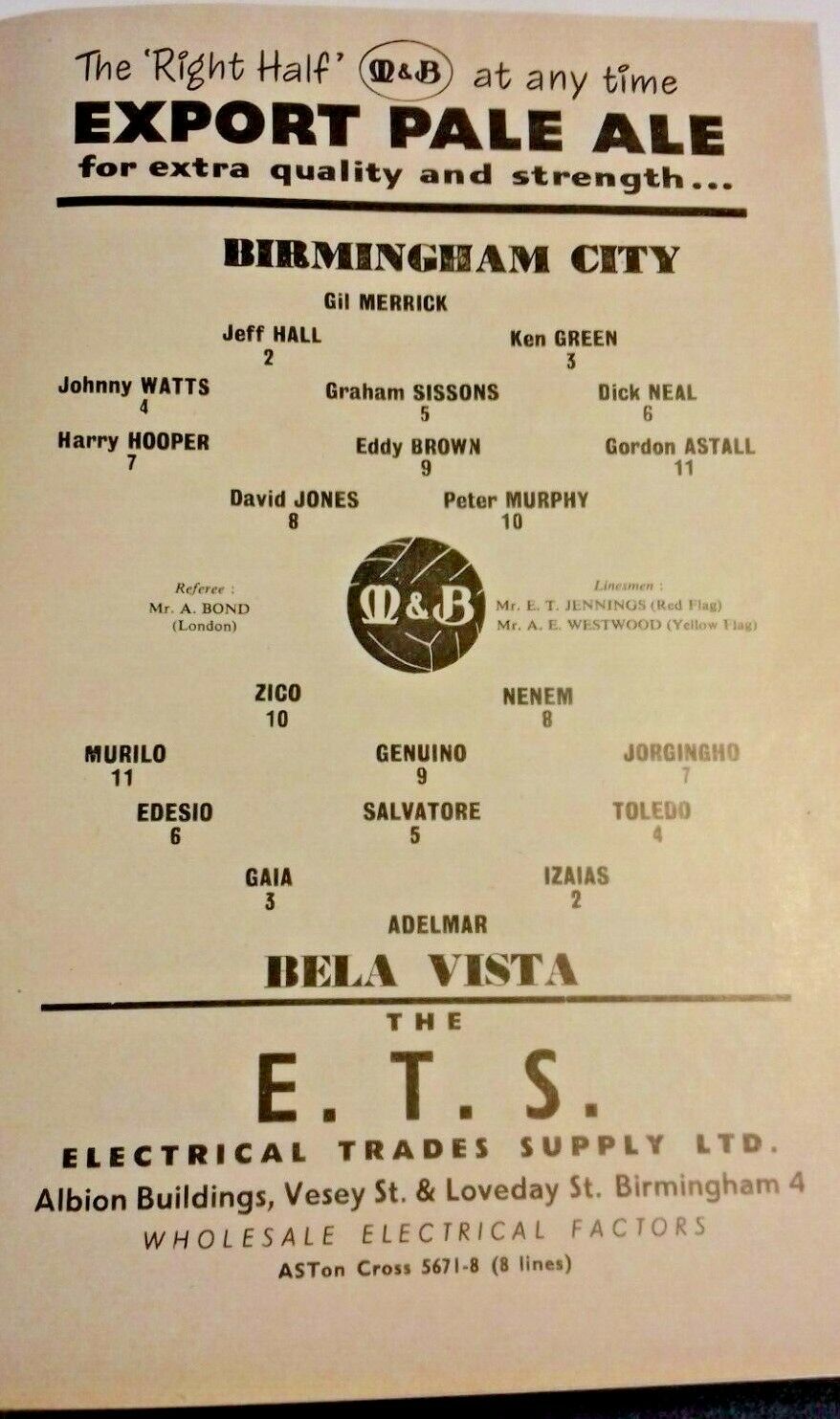 Birmingham City v Bela Vista Floodlit Friendly Used Match Programme 29/9/1958 St. Andrews.