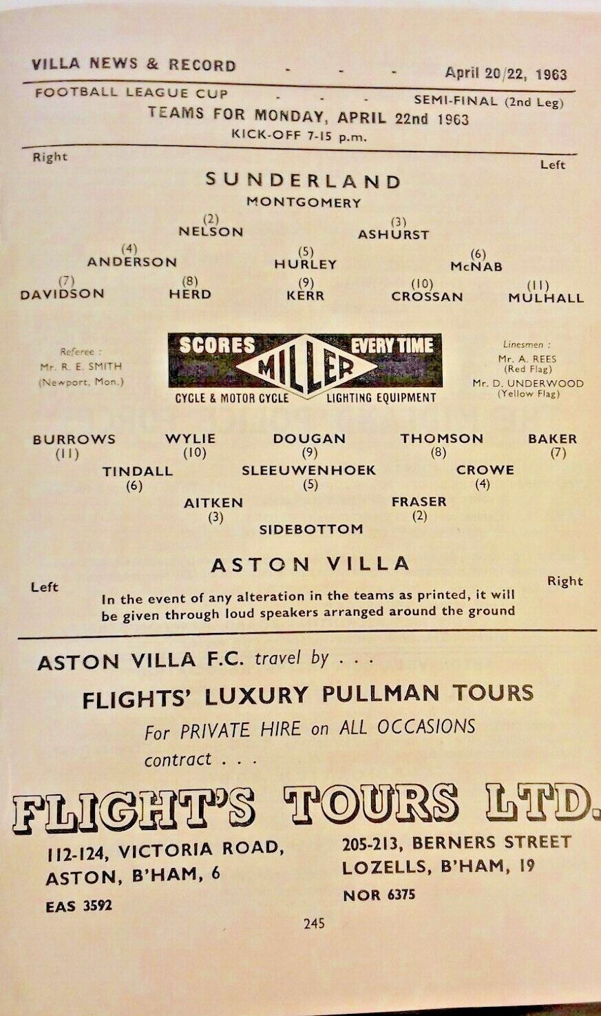 Aston Villa v Sunderland Football League Cup Semi -Final 2nd Leg Used Programme 22/4/1963.