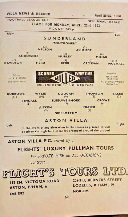 Aston Villa v Sunderland Football League Cup Semi -Final 2nd Leg Used Programme 22/4/1963.