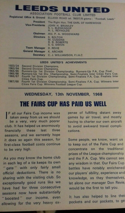 Leeds Utd v Napoli Inter Cities Fairs Cup 2nd Round 1st Leg Used Match Programme 13/11/1968 Elland Road.