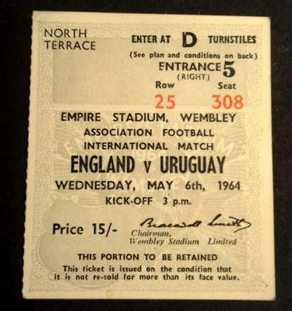 England v Uruguay International Football Match Ticket Wednesday May 6th 1964 Wembley.