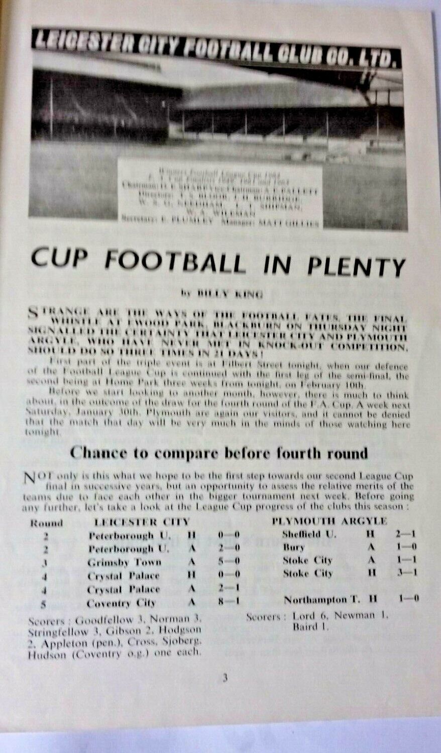 Leicester City v Plymouth Argyle Used Programme League Cup Semi-Final 1st Leg 20/1/65.