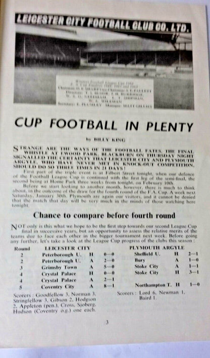 Leicester City v Plymouth Argyle Used Programme League Cup Semi-Final 1st Leg 20/1/65.