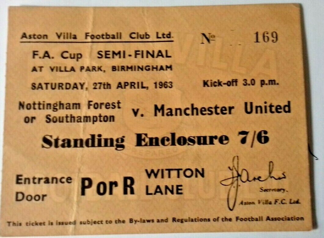 Southampton v Manchester Utd Programme +Ticket F.A .Cup Semi-Final 27/4/63 Villa Park