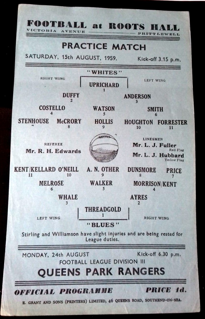 Southend Utd Practice Match Whites v Blues Football Match Programme Saturday 15th August 1959  Roots Hall