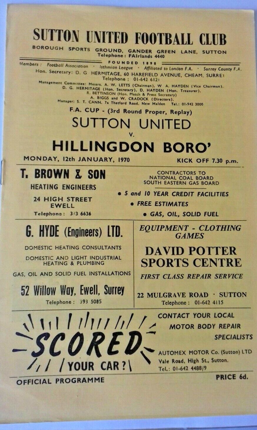 Sutton Utd v Hillingdon Boro Match Programme F.A. Cup 3rd Rnd. Replay 12/1/1970.