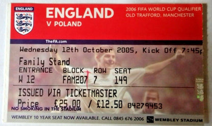 England v Poland 2006 World Cup Qualifier Match Ticket 12/10/2005 Old Trafford.